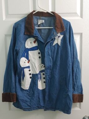 Vintage Michelle-Louise Snowman Denim Button Front Shacket Corduroy Cuff Size XL